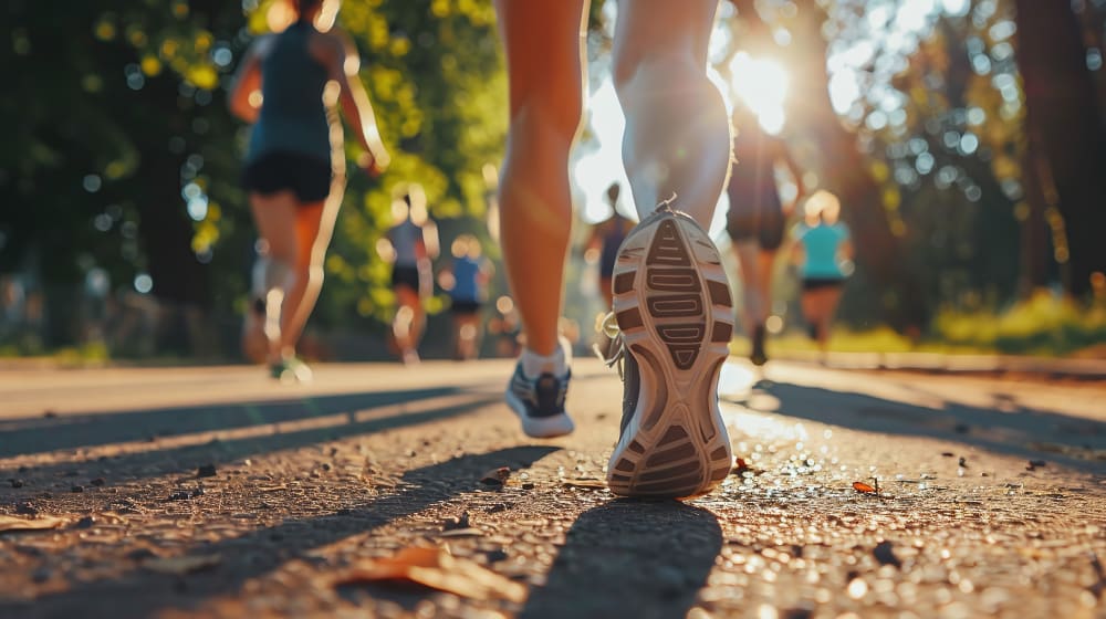 Rear view of a running athlete in a sunny summer park