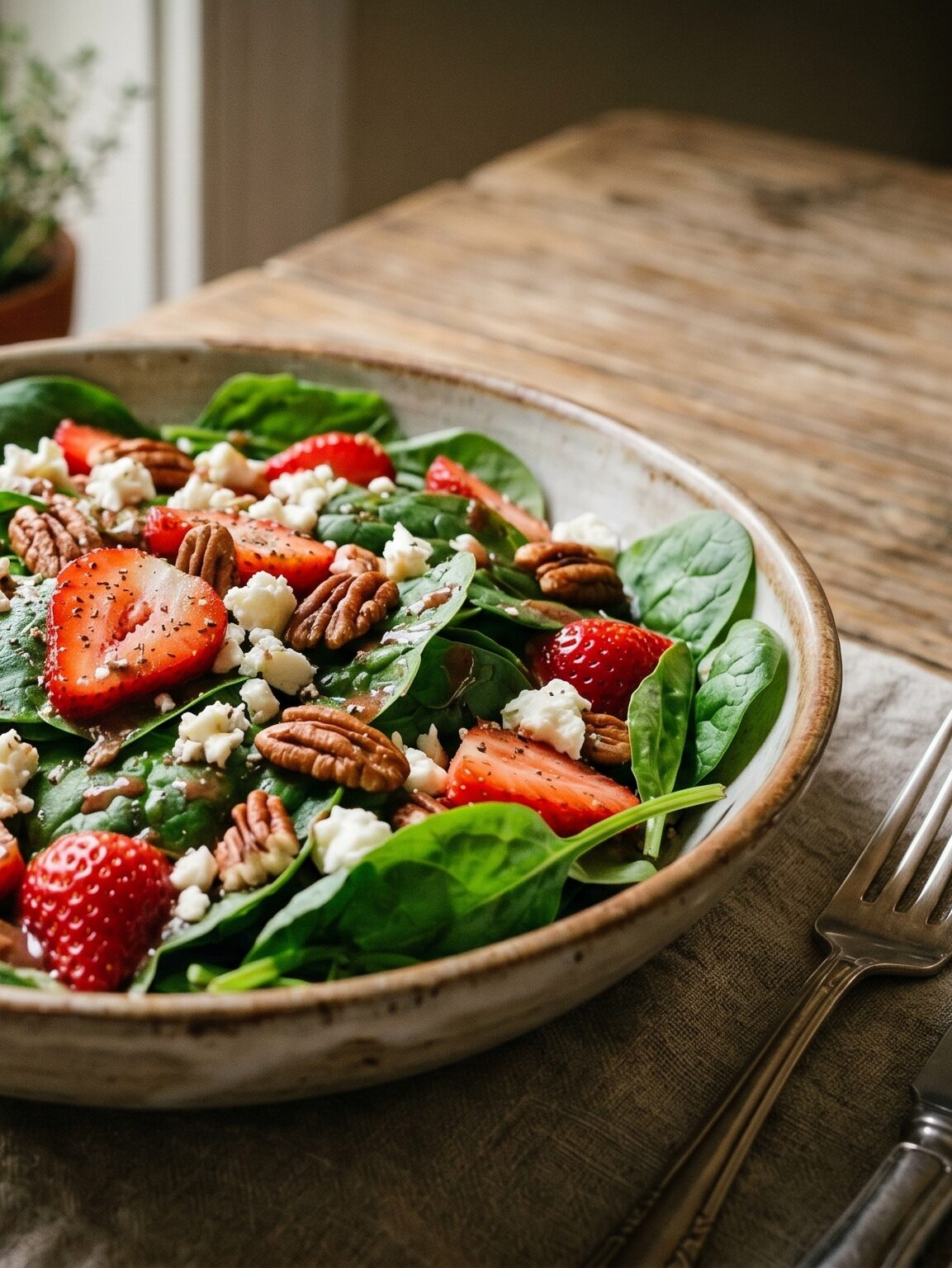 strawberry spinach salad with feta and pecans